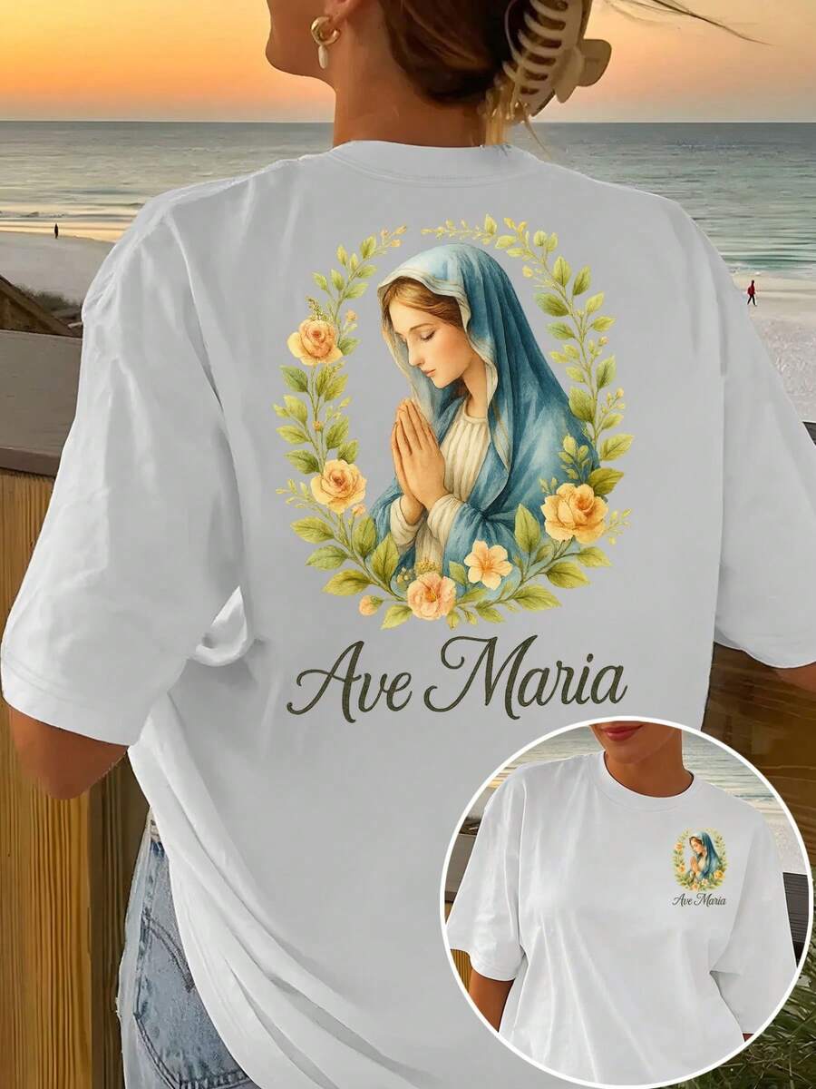Camiseta de Manga Corta con Diseño Sencillo y Versátil en la Parte Delantera y Trasera - Estampado de Moda de la Virgen María, Oração - Camiseta de Mujer con Estampado de Moda para Primavera/Verano, Artículo de Moda para Citas de Fin de Semana, Cenas y Viajes. Camiseta de algodón - Blanco - Ver 1