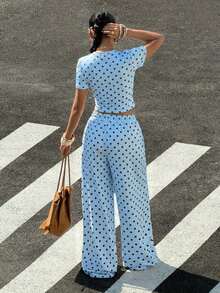 Conjunto de 2 piezas de camiseta de manga corta ajustada con estampado de lunares y pantalón de chándal holgado, nuevo para el verano - Azul - Ver 2