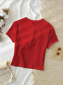 1 pieza Camiseta ajustada de forma sólida 95% algodón - Rojo - Ver 2