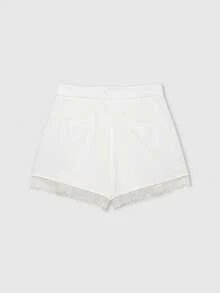 Pantalones cortos casuales de verano de unicolor con volantes de encaje para mujer, color negro - Beis - Ver 2