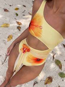 Bonvoyette Set de 2 piezas Traje de baño de una pieza con tirantes finos y estampado floral, con falda asimétrica de malla, sexy y elegante para vacaciones de verano - Amarillo - Ver 2