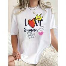 Women's Casual Summer T-Shirt With Round Neck, Short Sleeves And Fitted, Featuring An Oil Painting Print With Floral, Heart, Cherry And Lettering. - WHITE-yH407 - View 6