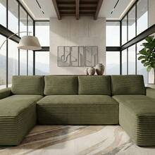 133.4'' U-Shape Modular Cloud Corduroy Sofa Sectional Couch For Living Room Boneless Couch With Cup Holders & Storage Pockets No Assembly Needed,Boneless Sectional Couch Loveseat Couch Vacuum-Sealed Compression Sofa - Màu xanh lá cây, hình chữ U, dài 133,4 inch. - Xem 4