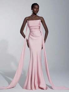 Belle Elegante vestido de dama de honor de novia ajustado con escote corazón y volantes, color verde romántico trenzado mate - Rosa vieja - Ver 9