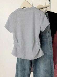 Camiseta ajustada de mujer con estampado de letras, silueta estilizante, estilo casual/al aire libre, nueva llegada de verano, color rojo - Gris - Ver 2
