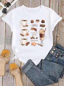 [Camiseta de Café] Camiseta para Amantes del Café, Camiseta con Estampado de Café, Chocolate y Helado para Trabajadores del Café - Atuendo para el Día de San Patricio - Ropa de Verano para Mujer - Blusas de Verano - Ropa de Vacaciones para Mujer - Camiseta Vintage de Estilo Urbano Unisex de Algodón Suelto de Manga Corta con Cuello Redondo - Blusas para mujer. blusas.blusas casuales para dama. - Blanco - Ver 2