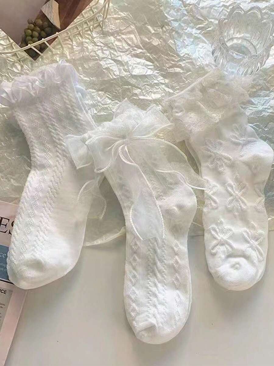 1/3/6双装 女士蕾丝可爱黑白日系洛丽塔风薄款甜美时尚百搭中筒袜,适合日常穿着,轻薄款 - 彩色 - 查看 1