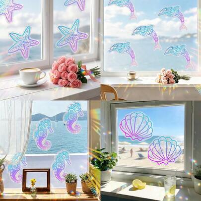 1/9pcs Ocean Suncatcher Window Decals Static Cling Holographic Rainbow Maker Prism Stickers Seahorse Dolphin Shell Shapes For Living Room Bedroom Glass Sliding Doors Decor Gift
