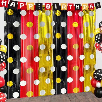 2 Packs Red, Black, Yellow Foil Tassel Curtain, Polka Dot Shiny Metallic Foil Backdrop, Suitable For Birthday, Baby Shower, Cartoon Mouse Party Decorations