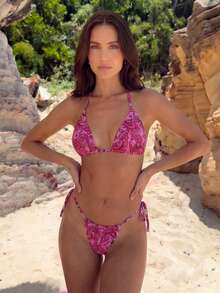 Conjunto de bikini de 2 piezas con escote halter y espalda descubierta para mujer, con estampado de paisley y alta elasticidad para playa - Multicolor - Ver 2