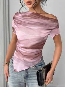 Camiseta de manga corta con hombros oblicuos y estampado de teñido anudado para mujer - Rosa - Ver 6