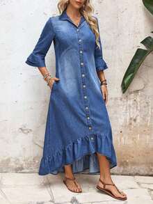Vestido de verano de mezclilla con botones, cuello regular, mangas acampanadas y ribete de volantes - Azul - Ver 4