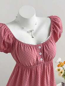 Blusa de manga corta con estampado de lunares y cuello cuadrado cómoda para mujer - Rosa vieja - Ver 6