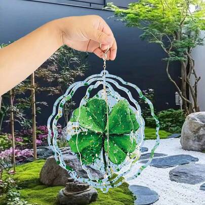 1个创意三叶草飞溅风铃，欧美田园风格，3D旋转金属风铃，大号户外驱鸟器，带360°无限旋转挂钩，户外花园庭院装饰，多功能装饰，适用于花园、露台和室内空间，完美的圣诞礼物，复活节热销商品，复活节装饰（不含吊坠），款式随机