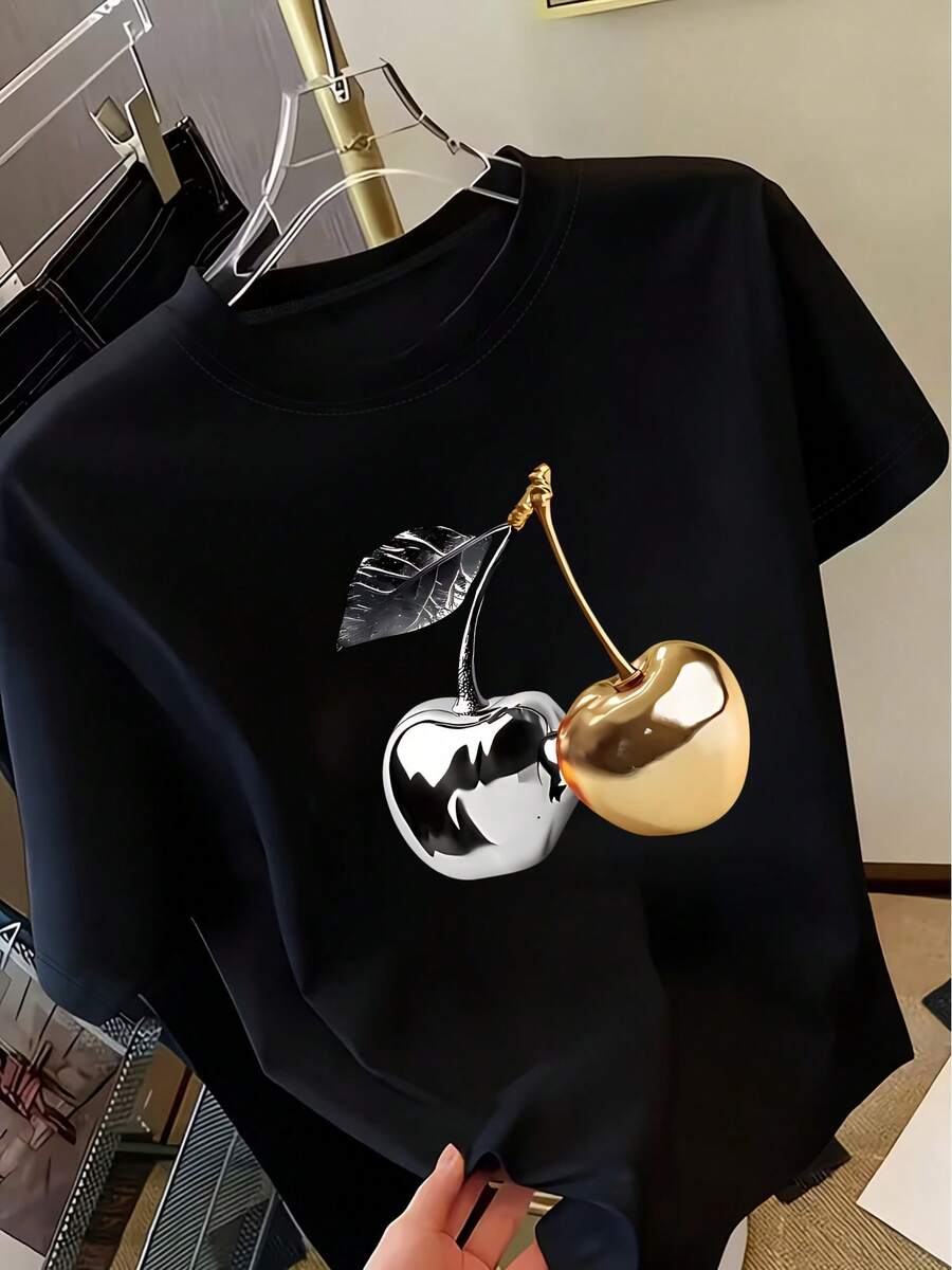 Camiseta de manga corta para mujer con estampado de cerezas, camiseta casual a la moda, de apariencia elegante, top casual versátil para mujer, ideal para el uso diario.|Tela cómoda y suave|Camisetas de mujer para primavera y verano - Negro - Ver 1