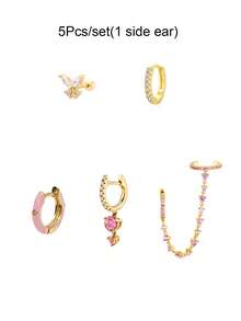 5pcs/Set (Single Earring) Women's Earring Set, Gold-Plated Pink Zirconia Chain Pendant Earrings, Women's Charming Jewelry Accessories - 5PCS/Set - View 7