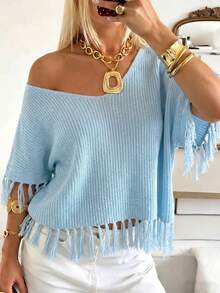 Áo len nữ kiểu mới màu xanh dương cổ chữ V, thiết kế tua rua, cổ tay bo gân, phong cách thường ngày sang trọng, tối giản, cơ bản, thích hợp cho tiệc tùng, du lịch, đi chơi, mùa xuân và hè. - Màu xanh lam - Xem 1