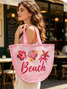 Colorful Mesh Beach Bag With Printed Shell & Letter Pattern, Large Capacity Crossbody Bag, Multifunctional Shoulder Bag, Tote Bag, Cosmetic Bag, Travel Storage Pouch, Essential For Vacation And Travel - Multicolor - View 2
