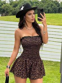 Vestido mini con busto fruncido con estampado de leopardo - Vestido de tirantes rojos con encaje, perfecto para un vestido de noche audaz y el encanto de una cita - Marrón - Ver 6