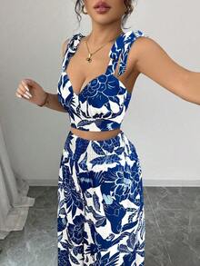 Top de tirantes con nudo y pantalones de pierna recta con estampado azul y blanco bohemio, conjunto de 2 piezas para vacaciones - Azul y blanco - Ver 6