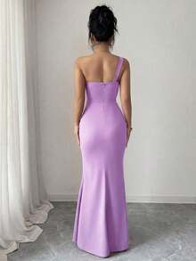 Elenzya Vestido elegante y romántico para mujer con escote asimétrico, cintura ceñida, bajo de cola de pez, decoración de perlas, adecuado para fiestas y reuniones - Púrpura malva - Ver 2