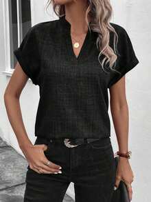 Camisa casual de mujer de manga corta con cuello entallado de unicolor, para verano - Negro - Ver 4