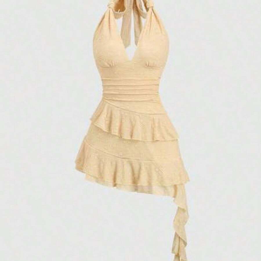 Sweetro Romantic Knitted Lace Twist Tie Layered Ruffle Hem Cropped Dress For Women, Sweet Style, Spring/Summer - Caqui - Ver 1