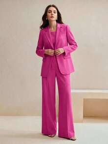 Conjunto de traje de mujer, blazer de unicolor estilo vintage + pantalones rectos, 2 piezas - Rosa 2 - Ver 6