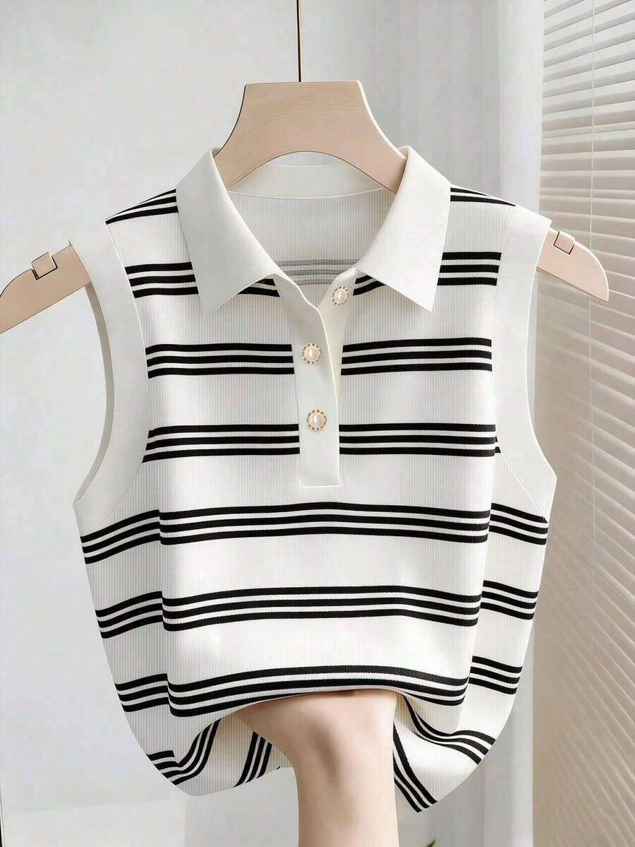 Camiseta de tirantes casual de mujer con estampado de rayas y bordado para el verano - Multicolor 2 - Ver 1