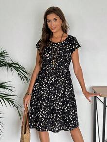 Vestido corto con cuello redondo y manga corta de estampado geométrico, casual para mujer, adecuado para primavera/verano - Multicolor 2 - Ver 4