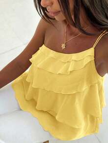 Nueva blusa elegante y romántica de primavera/verano para citas, Día de San Valentín, temporada de bodas, de gasa rosa con un hombro, espalda descubierta, volantes en capas, blusa sexy con volantes para la playa, atuendo de boda, camisa rosa elegan - Amarillo - Ver 8