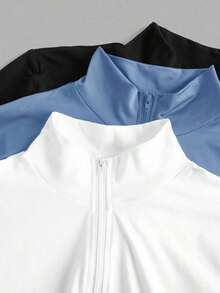 Set de 3 camisetas de manga larga con cuello en V, cremallera y ajuste ceñido, de estilo casual para otoño/invierno para mujer, en colores blanco + negro + gris - Celeste - Ver 6
