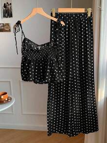 Conjunto de 2 piezas de top tipo camisola con hombros retorcidos y estampado de lunares, y pantalones de pierna ancha, para mujer, estilo casual de verano, retro y de playa - Negro - Ver 2