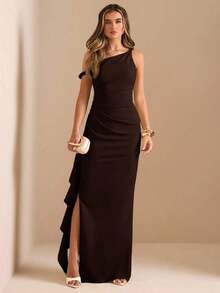 de dama de honor de otoño/invierno, vestido largo elegante con pliegues, abertura alta, volantes y hombros oblicuos con nudo retorcido y sin tirantes, sexy para fiestas - Café integral - Ver 5