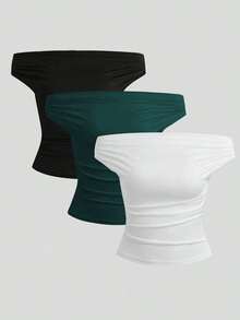 Parte superior sencilla de diseño con hombros descubiertos de unicolor, uso casual diario para mujeres - Multicolor 15 - Ver 1