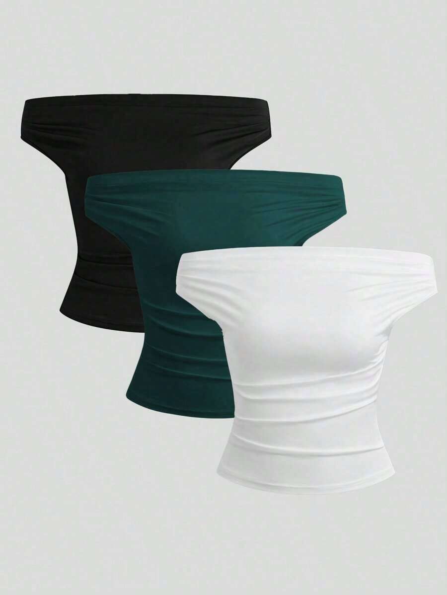 Parte superior sencilla de diseño con hombros descubiertos de unicolor, uso casual diario para mujeres - Multicolor 15 - Ver 1
