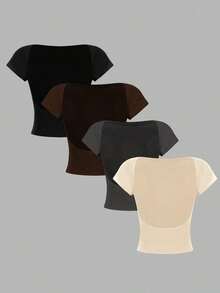 4 piezas Camisetas de mujer de cuello redondo, ajustadas, con espalda descubierta y diseño minimalista de patrones, adecuadas para el verano - Multicolor 7 - Ver 1