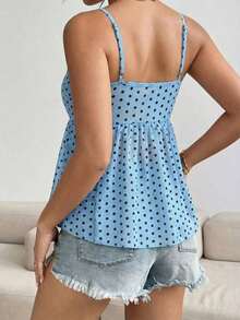 Camiseta sin mangas de mujer de moda con diseño plisado de unicolor y ribete de encaje - Celeste - Ver 2