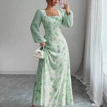 Women's Printed Square Neck Long Sleeve Elegant Summer Dress - Verde - Ver 1