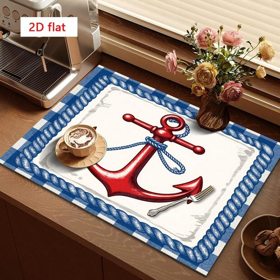 1 pieza Estera de secado de platos, Estera para máquina de café, Cuadros azules y blancos con ancla roja y cuerda en estilo náutico, Estera de drenaje adecuada para mesa de comedor y cafetería, Buena absorción de agua, Estera de drenaje multiusos, Regalo para el hogar, Decoración de escritorio