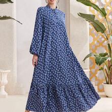 Najma Women Spring Casual Vacation Lantern Sleeves Loose Dress With Floral Print, Ruffle Hem And Small Flower Print, Modest - Rosa vieja - Ver 6