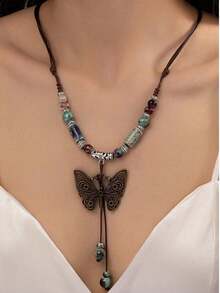 1 chiếc vòng cổ nữ kiểu Bohemian cổ điển mặt dây chuyền hình bướm nhiều lớp có thể điều chỉnh độ dài, được làm thủ công bằng hạt cườm. - màu nâu - Xem 4
