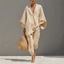 Women's Plus Size Summer Outfit, Simple And Modern Design, Casual Beach Vacation Fashion, Comfortable And Cool Outfit For Sunny Days, Feminine And Elegant Look - 米色 - 查看 7