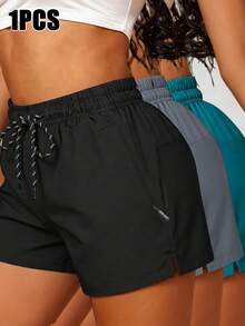 Women's Summer New Sports Shorts, Elastic Waistband With Drawstring, Zipper Pockets Bermuda Shorts Black - Black - View 4