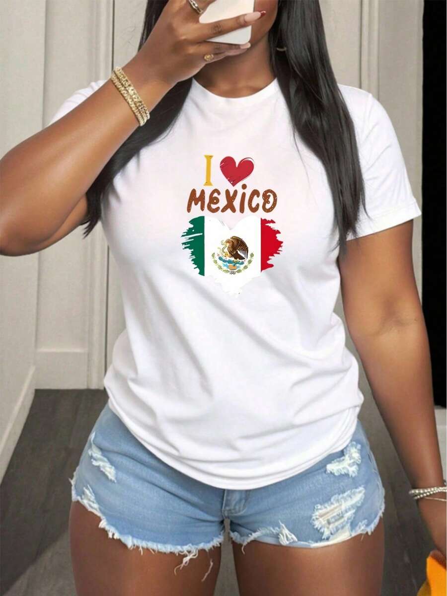 Women's Casual Polyester T-Shirt With Round Neck And Heart Design With Mexican Flag, Comfortable Short Sleeve T-Shirt For Daily Wear And Travel, Lightweight And Durable For Young Ladies - 白色 - 查看 1