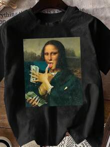 Camiseta Gráfica de Mujer con Diseño de Billetes de Dinero y la Mona Lisa en Negro - Camiseta Casual de Manga Corta con Diseño de Arte Abstracto, Lavable a Máquina para Fiestas y Ropa Casual, Ropa de Ocio| Camisa de Diseño Divertido| Camiseta Y2k Allseason Top - Negro - Ver 3