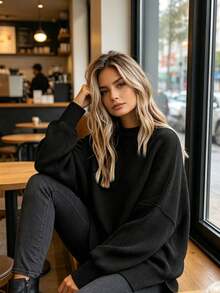 Women's Ribbed Knit Sweater With Long Sleeves And Crew Neck - Winter - Black - View 2