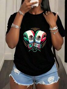 Camiseta de manga corta con cuello redondo, estilo casual y minimalista, con estampado de coche de carreras, versátil para uso diario - Negro - Ver 1