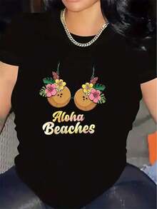 Women's Short-Sleeved T-Shirt With Aloha Beach Print, Lightweight And Durable Fabric, Perfect For The Beach, Vacation Or Casual Wear, With A Coconut Floral Design, Comfortable Fit, Ideal For Tropical-Themed Summer Outings - Vintage Street Style, Unisex, Loose Fit, Cotton, Short-Sleeved And Round Neck. - 黑色 - 查看 7