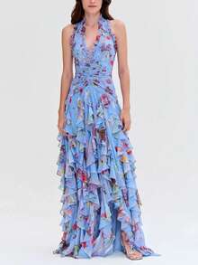 Vestido largo estampado 2026, pliegues en cintura, estilo tierno y elegante - Azul - Ver 2